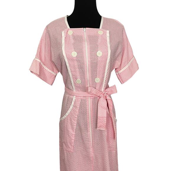 Vintage 80s Seersucker Utility House Dress MuMu Pink Candy Striper Kaftan Sailor - Picture 2 of 10